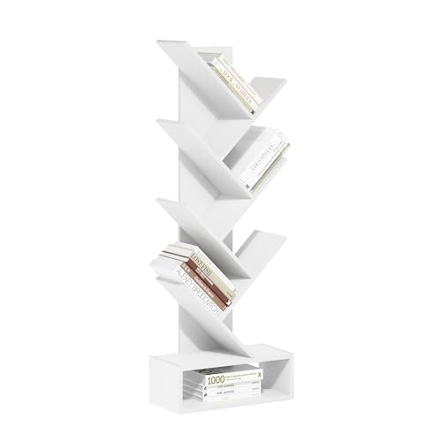 Furinno TREE Book Shelf, 7-Tier Bookshelf, Tree Bookcase with Bottom Shelf, 18.8 x 42.9 x 117.3, for Living Room, Bedroom, Home Office, White