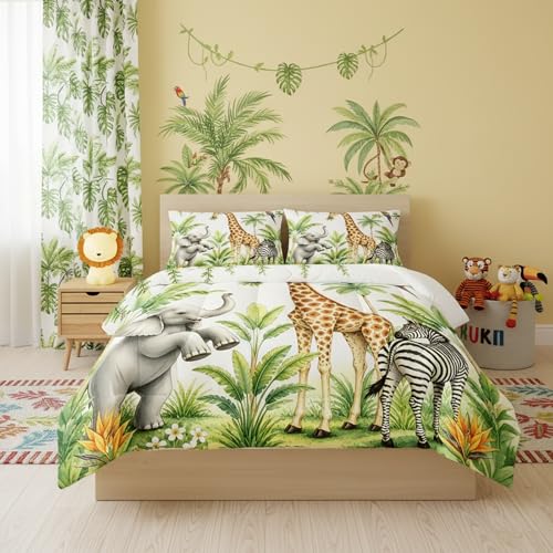 QOOMO Wild Animal Comforter Twin Size,Elephant Giraffe Zebra Kids Comforter Set,3Pcs Bedding Set Printed Comforter with 2 Pillowcases,Down Alternative,Soft and Lightweight,for All Seasons
