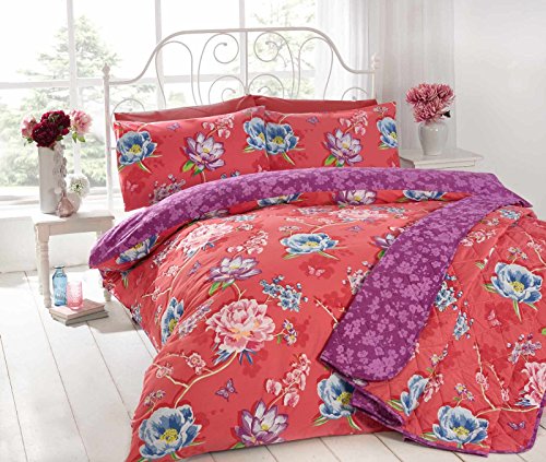 Rapport Home Sapporo, Oriental Floral, Duvet Cover, Quilt Set, Raspberry, King Size