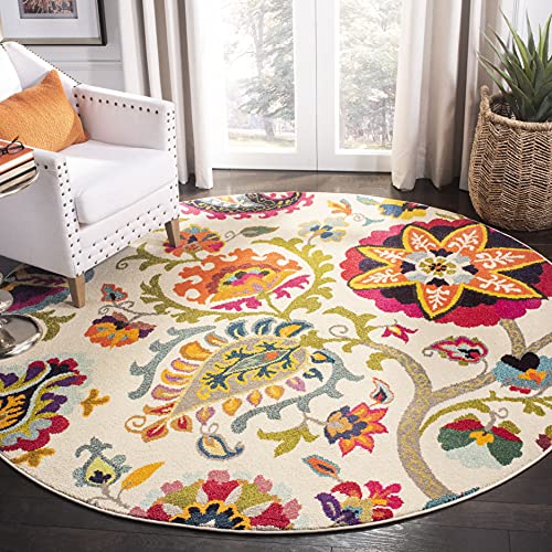 Safavieh Boho Rug for Living Room, Dining Room, Bedroom - Monaco Collection, Short Pile, in Ivory and Multi, 120 x 120 cm