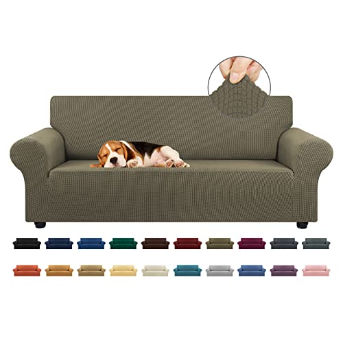 "KEKUOU Stretch Sofa Cover Slipcover ???Couch Covers for 3 Cushion Couch Sofa (79""-94"") Furniture Protector 3 Seater Sofa with Elastic Bottom for Kids,Dog, Jacquard Small Checked(Large,Khaki)"