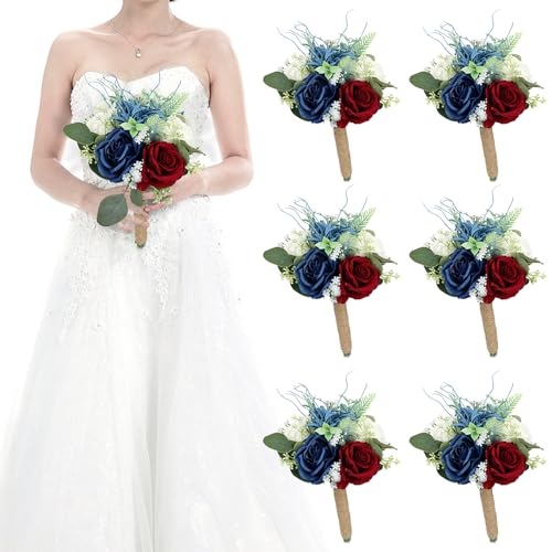 HOMENERGY Set of 6 Bridesmaid Bouquets for Wedding - 7 Inch Artificial Flowers Bouquets for Ceremony Anniversary Centerpieces Decorations - Burgundy & Navy Blue & White