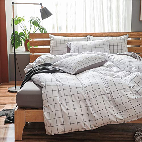 NSNLGSGC White Queen Duvet Cover Set Grid - Washed Microfiber, Cute Plaid Bedding Set, Soft & Lightweight, Breathable, 3PCS