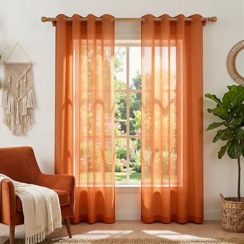 Burnt Orange Curtains 96 Inches Long for Living Room Bohemian Autumn Boho Fall Decor Set of 2 Panels Grommet Faux Linen Semi Sheer Thanksgiving Curtains for Dining Room Bedroom 52x96 Inch Length