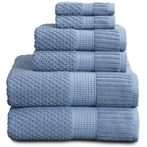 NY Loft Towels made of 100% Textured, Durable Cotton, Very Soft and Absorbent, Quick Dry 2 Bath Towels, 2 Hand Towels and 2 Cloths, Trinity Collection Set of 6 Pcs Blue