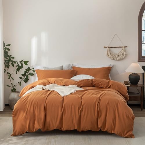 Warm Moment Linen Feel Duvet Cover Queen Size 90inch x 90inch,100% Washed Cotton Duvet Cover with Zipper Closure and 2 Pillowcases, Color of Burnt Orange