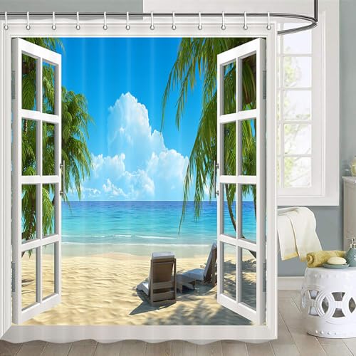 Palm Tree Decor Ocean Beach Seascape Through White Wooden Windows Going Away Gifts Sunbeds Balcony Wooden Windows Summer Scene Tropical Island Bathroom Shower Curtain with Hooks,70X70 Inch, Blue Green
