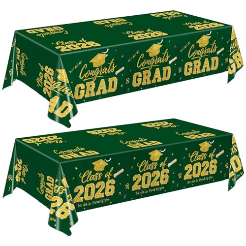 "LINHAXM Graduation Decorations 2026, Green and Gold Graduation Tablecloths, 2 Pack Congrats Grad Plastic Disposable Table Cover for Grad Party Decorations Class of 2026, 54"" x 108"""
