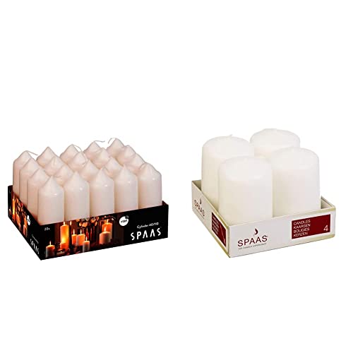 Spaas Tray of 20 Unscented Pillar Candles 40/110 mm, 13 Hours, Ivory & Unscented Pillar Candle 50/80 mm, 18 Hours, White