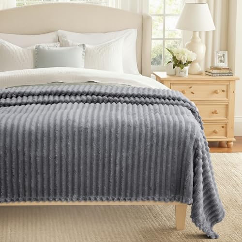 decorUhome Grey Fleece King Blanket 108x90 Inches - Soft Fleece Bed Cozy Fluffy Plush Flannel Large Striped Throws for Couch Sofa, Decorative Fuzzy Blanket for Woman