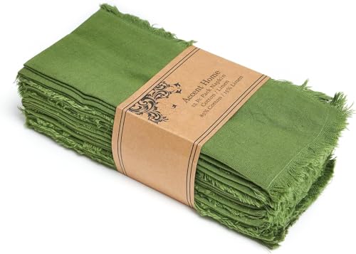 ACCENTHOME Olive Green Cotton Linen Napkin Set of 12 18x18 inch Dinner - Ideal for Christmas table setting, family dinners and festive entertaining. Machine Wash On Gentle Cycle, Multi Purpose Use