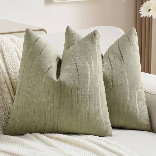 FUTEI Olive Green Chenille Decorative Throw Pillow Covers 16x16 Inch Set of 2,Soft Cozy Embossed Striped Textured Cushion Case,Modern Home Decor for Couch Bed Living Room