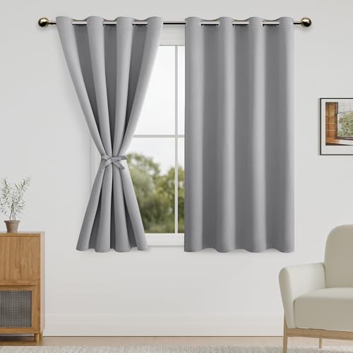DWCN Blackout Curtains for Bedroom with Tiebacks - Room Darkening Privacy Grommet Top Window Curtains for Living Room, 52 x 54 inch Length, Silver Grey, Set of 2 Panels