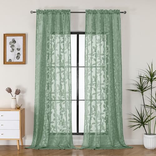 OVZME Sage Green Sheer Curtains 96 inches Long 2 Panels for Living Room, Jacquard Clip Leaf Pattern Textured Light Filtering Window Semi Sheer Voile Drapes for Bedroom, Each Panel 42 x 96 Inch