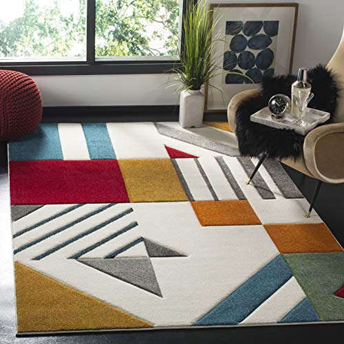 Safavieh Modern Rug for Living Room, Dining Room, Bedroom - Hollywood Collection, Short Pile, in Ivory and Peacock Blue, 75 x 120 cm