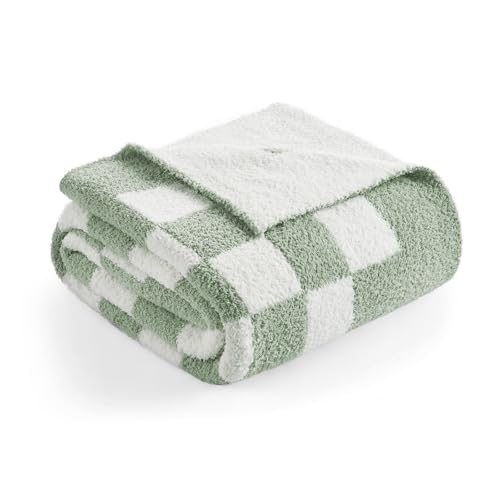 Snuggle Sac Checkered Throw Blanket for Couch, Super Soft, Cozy Warm Knit Blankets, Reversible Plaid Fluffy Throws for Sofa, Bed, Checkered Sage Green, 50x60 Inches
