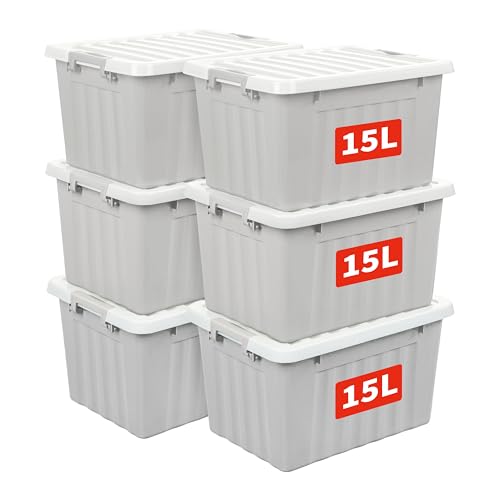 Cetomo 15L*6 Storage Boxes with Lids, Plastic Storage Box with Secure Side Latches, Stackable & Nestable Organizer for Home, Office, Moving, PP, Gray, 15L-6 Pack
