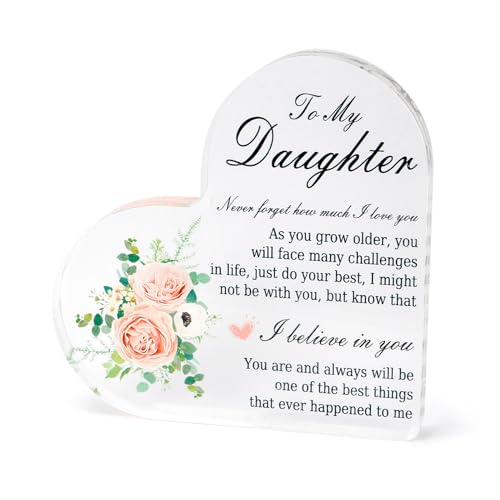 Daughter Gifts Ideas Daughter for Women, Acrylic Heart Plaque Ornament Sign, Birthday Gift for Girl from Mom Dad Acrylic Heart Paperweight Presents to My Daughters