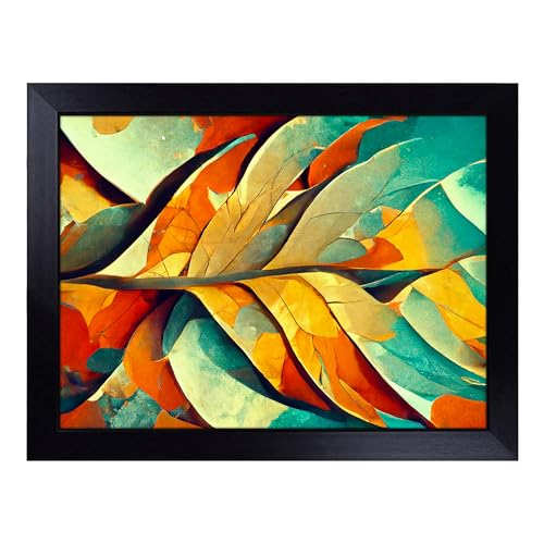 Lap Tray with Bean Bag Cushion, Abstract Leaf Art - Handmade in the UK, Raised Wooden Edge, Padded Cushion, Heat-Resistant Wipe-Clean Surface, for Meals, Laptops and Crafts