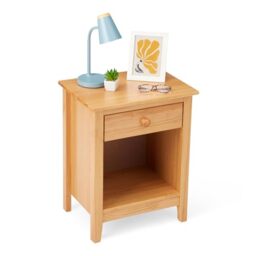 Amazon Basics Bedside Table, 1 Drawer and Storage Shelf, Solid Pine Wood Nightstand, Cabinet for Bedroom, Living Room or Office, 47.5 x 35 x 60 cm, Oak