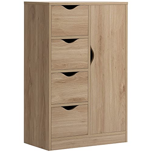 HOMCOM Bathroom Floor Cabinet Freestanding Storage Unit 4 Drawers Natural