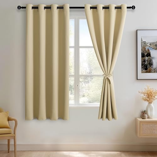 JIUZHEN Light Beige Blackout Curtains with Tiebacks Thermal Insulated, Light Blocking and Noise Reducing Grommet Curtains for Bedroom and Living Room, 2 Window Curtain Panels, 52 x 63 Inch Length