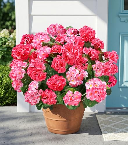 Fake Geraniums Artificial Flowers for Outdoors, 6 Bundles Silk Geraniums Flowers Realistic UV Resistant Fake Plants Faux Flowers for Outside Planters Front Door Garden Balcony Yard Porch Indoor, Mix