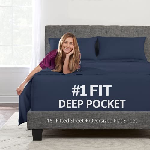 Deep Pocket Queen Bed Sheets ??? 4-Piece Includes: Real 16??? Inch Extra Deep Pocket Fitted Sheet [Best-Fit for 14???-18 Mattress] ??? Oversize Flat Sheet ??? 1 Zipper Closure Pillowcase ??? Navy Dark Blue