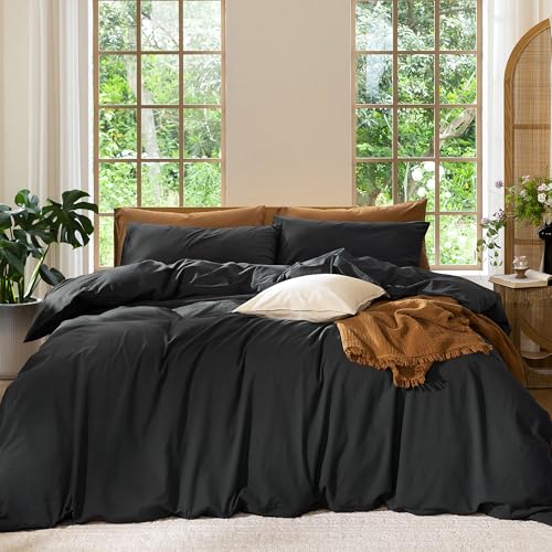 MOOMEE Bedding Duvet Cover Set 100% Washed Cotton Linen Like Textured Breathable Durable Soft Comfy (Black, Queen)