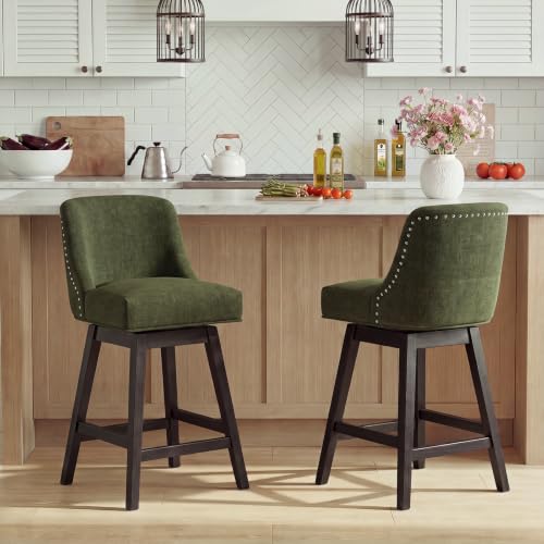 Bar Stools Set of 2, 360° Swivel Upholstered Counter Stools with Back, Wooden Frame Kitchen Bar Chairs with Nailhead Trim, Counter Height for Kitchen Island, Breakfast Bar, Dining Room,Green