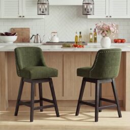 Bar Stools Set of 2, 360° Swivel Upholstered Counter Stools with Back, Wooden Frame Kitchen Bar Chairs with Nailhead Trim, Counter Height for Kitchen Island, Breakfast Bar, Dining Room,Green