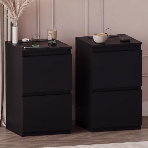 Vida Designs Denver 2 Drawer Bedside Cabinet Black set of 2 - Compact Space-Saving Nightstand with power outlet - 52H x 29.5W x 29.5D cm - Ideal for Bedroom & Guest Room