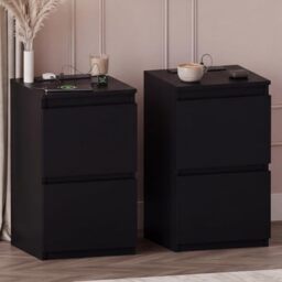 Vida Designs Denver 2 Drawer Bedside Cabinet Black set of 2 - Compact Space-Saving Nightstand with power outlet - 52H x 29.5W x 29.5D cm - Ideal for Bedroom & Guest Room