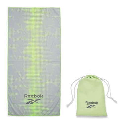Reebok Sand Free Beach Towel - Quick Dry Microfibre Towel - Lightweight & Compact - Includes Carry Bag - Large Travel Towel for Pool, Gym & Travel Essentials - 90 x 180cm, Grey/Lime Cloud Print