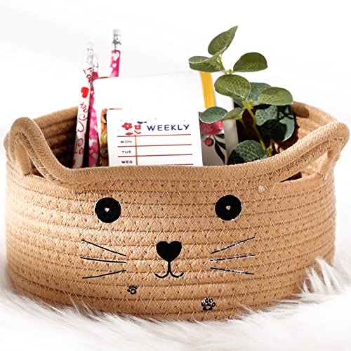 Zopeal Cat Basket Storage Woven Organizer with Ears Easter Decorative Gift Pet Toy Cute Cotton Rope Basket for Gift Cat Dog Toy Bin Nursery Room(8.3 x 4.7 Inch,Khaki)
