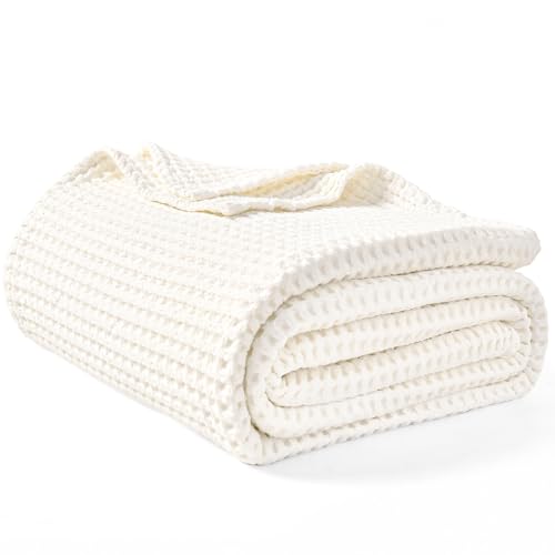 "PHF 400GSM 100% Washed Cotton Waffle Weave Blanket, Cozy Breathable Skin-Friendly Throw Queen Size for All Season, Luxury Fall Layer for Couch Bed Sofa,Elegant Home Decor, Coconut White,90""x90"""