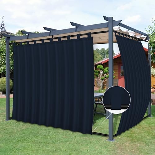 Easy-Going Outdoor Patio Curtains Detachable Tab Top Windproof Weatherproof Curtain for Cabana, Porch, Pergola and Gazebo, Tab Bottom Drape, 2 Panels, 110W x 120L inch, Navy