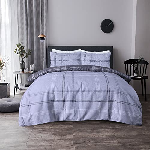 Sleepdown Waffle Grey Check Reversible Duvet Cover Quilt Pillow Cases Bedding Set Soft Easy Care- Double (200cm x 200cm,5056242893288