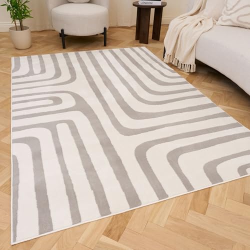 THE RUGS Living Room Rug, Loft Collection – Modern Textured 14mm Soft Pile Area Carpet, Non-Shedding & Easy Care [ Geometric Grey, 120x170 cm]
