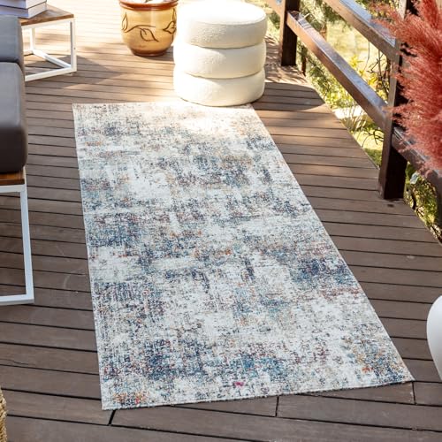Livabliss Leila Asward Indoor Outdoor Runner – Living Room 80x220 cm, Dining, Hallway Use, Boho Patterned Neutral & Coloured Design, Waterproof Stain Durable, Beige Blue