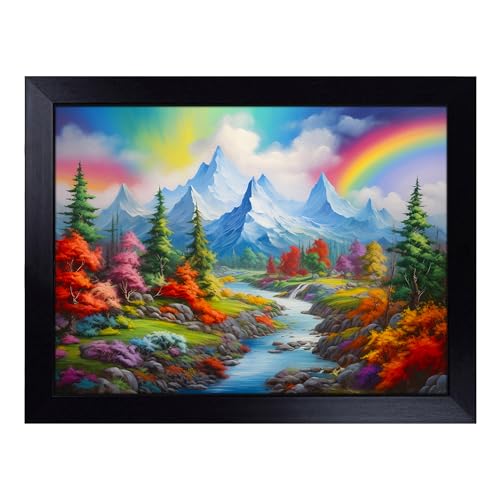 Lap Tray with Bean Bag Cushion, Rainbow Landscape - Handmade in the UK, Raised Wooden Edge, Padded Cushion, Heat-Resistant Wipe-Clean Surface, for Meals, Laptops and Crafts