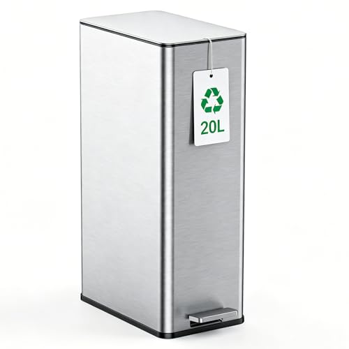 YEAUPE PRO Kitchen Bin, 20L Bathroom Bin, Tall Slim Stainless Steel Pedal Rubbish Bin, with Soft-Close Lids and Plastic Inner Buckets, Odour Seal, 5.2-Gallon Trash Can for Narrow Spaces, Metal Silver