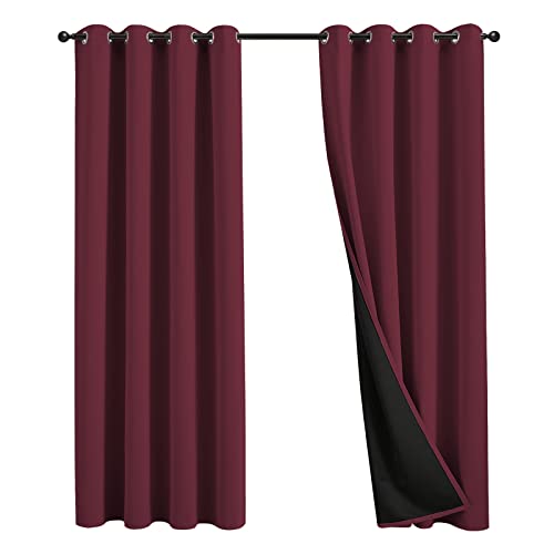 JSFLY 100% Blackout Curtains 63 inch Length for Bedroom, Thick Noise Reduction Thermal Insulated Grommet Window Drapes Room Darkening Curtains for Living Room, 2 Panels (52x63 inches,Wine)