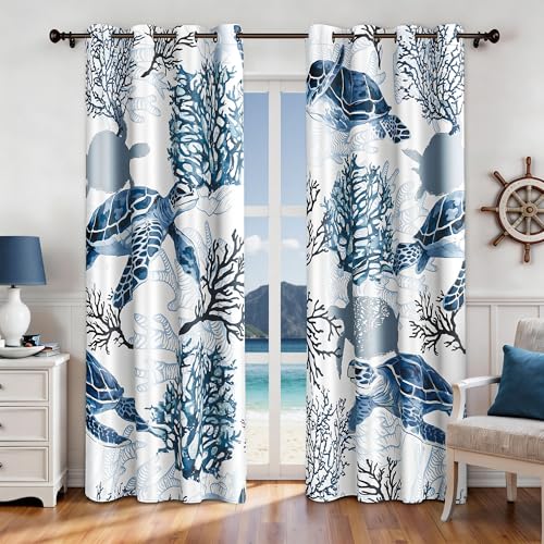 Nautical Coastal Curtains Decorative Beach Ocean Sea Turtle Coral 50% Light Blocking Sea Darkening Grommet Curtain For Villa Living Room, Bedroom Navy Blue and White 2 Panels Set, 52x96 Inches