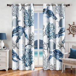 Nautical Coastal Curtains Decorative Beach Ocean Sea Turtle Coral 50% Light Blocking Sea Darkening Grommet Curtain For Villa Living Room, Bedroom Navy Blue and White 2 Panels Set, 52x96 Inches