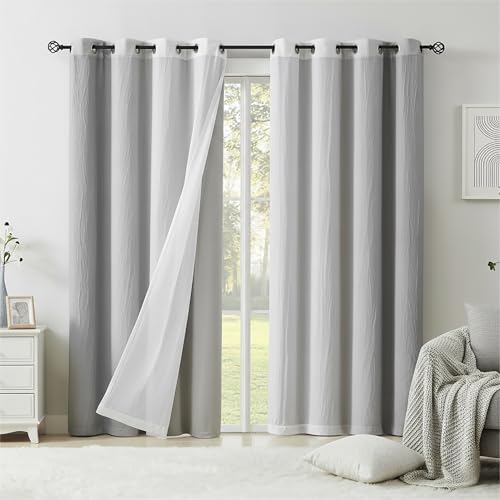 "Grey Blackout Curtains with Ombre Sheers Overlay 84 Inch Long for Living Room Bedroom Decor, Mix and Match Double Layer 90% Blackout Window Drapes for Office, Nursery, Grommet Top, 52""W, 4 Panels"
