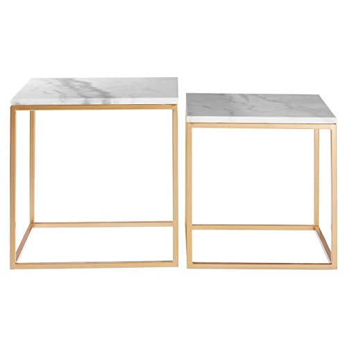 Premier Housewares Set of 2 Square Cuboid Side Tables, Lamp Tables, Warm Gold Finish, Sturdy Iron Cuboid Frame, Openframe Structure, Square White Marble Top, Dimensions are W50 x D50 x H46cm.