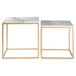 Premier Housewares Set of 2 Square Cuboid Side Tables, Lamp Tables, Warm Gold Finish, Sturdy Iron Cuboid Frame, Openframe Structure, Square White Marble Top, Dimensions are W50 x D50 x H46cm.