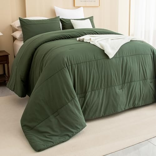 "CozyTide Olive Green Comforter Oversized 120""x120"",100% Organic Cotton Pleated Dark Green Bedding Set,3 Pieces Soft Lightweight Fluffy Bedding Comforter Set for All Season"