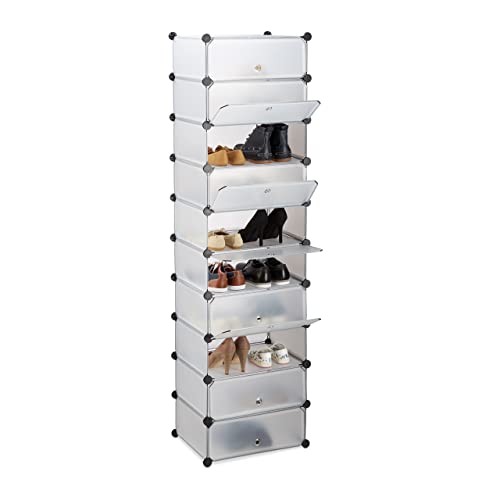 Relaxdays Plastic Shoe Cabinet, 10 Levels, Modular DIY Shelf, Shoe Stand, 176 x 49 x 37 cm, Transparent